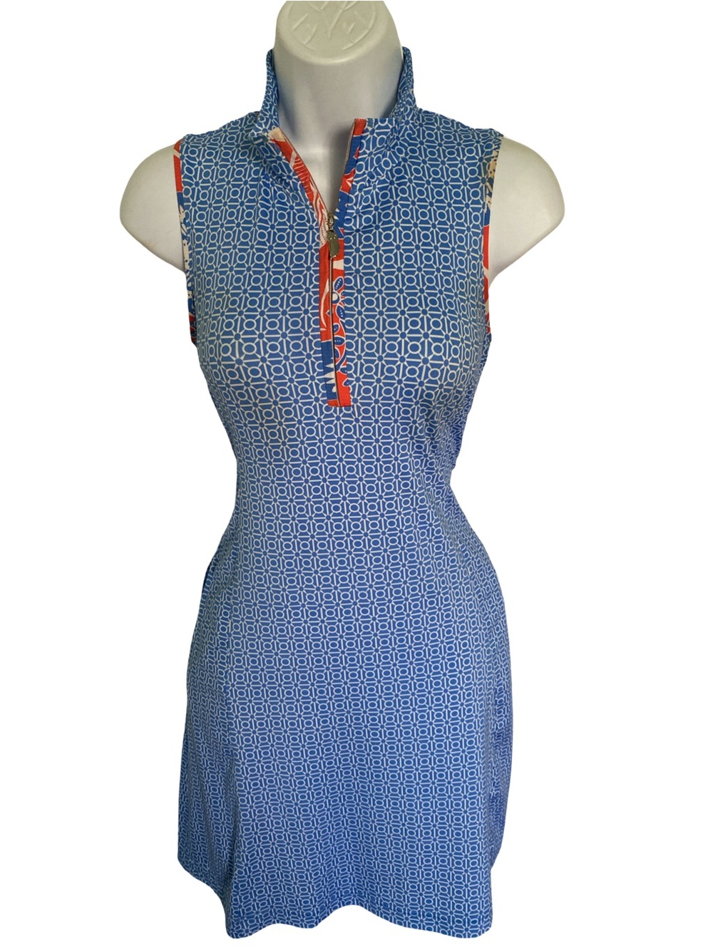 Sport Haley Blue Geometric Polo Dress with Red Trim
